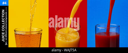 Juice pouring into glass, isolated on color background with copy space Stock Photo