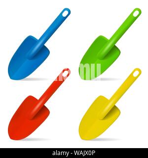 Scoop. Plastic toy for playing in sand. Set of multicolored isolated objects on white background. Vector illustration. Stock Vector