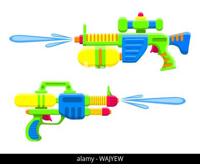 Water guns. Bright multi-colored childrens toys. Isolated objects. Flat vector illustration on white background. Stock Vector