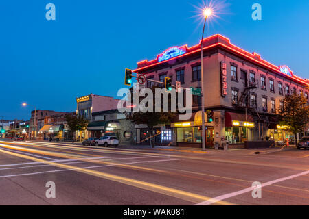 Kalispell Hotel on Main Street at dusk in Kalispell, Montana, USA Stock Photo