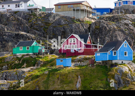 Greenland, Sisimiut. Colorful houses high on the rocky hills. Stock Photo