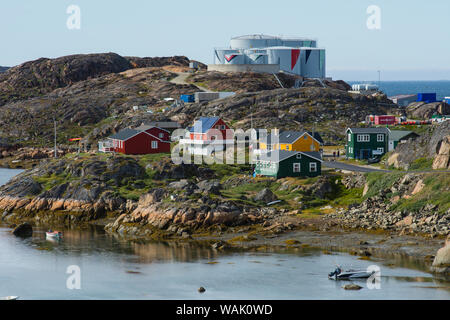 Greenland, Sisimiut. Colorful houses high on the rocky hills. Stock Photo