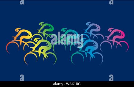 Bicycle race. Stylized rainbow colored drawing of  cyclists on the black background. Vector available Stock Vector