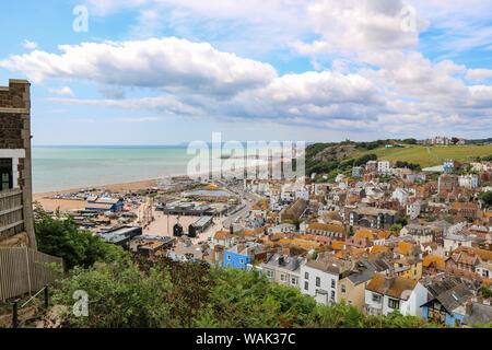 The rooftops of Hastings - view from East Hill of the seafront, old town, rooftops and West Hill, East Sussex, United Kingdom Stock Photo