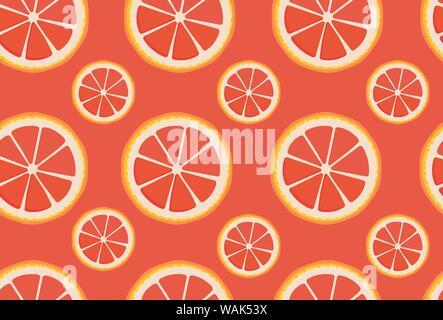 Vector seamless pattern with grapefruit slices isolated on red background. Endless texture. Decor for cafe, bar, fruit shop.Citrus fruit print. Cover Stock Vector