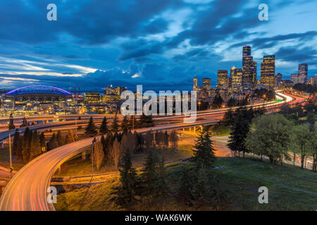 City skyline and Interstate 90 and 5 from Rizal Bridge in downtown Seattle, Washington State, USA Stock Photo