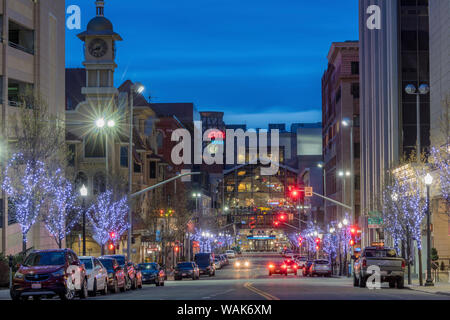 Looking down Post and Main Streets at dusk in downtown Spokane, Washington State, USA Stock Photo