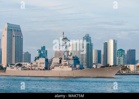USS Sterett guided missile destroyer and the San Diego skyline and harbor, San Diego, California. Stock Photo