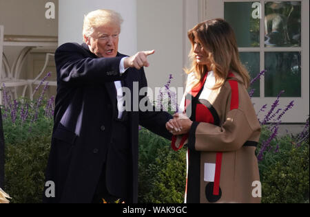 November 20, 2018. Washington, D.C. President Donald Trump pardons a turkey named 'Peas' in the Rose Garden of the White House. First Lady Melania Trump is beside the president. Stock Photo