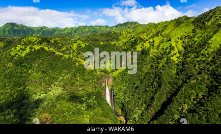 Manawaiopuna Falls (aerial) also known as Jurassic Park Falls, Hanapepe Valley, Kauai, Hawaii, USA.