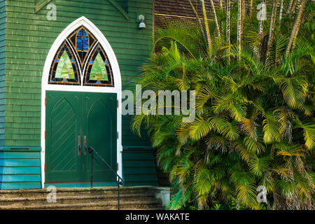 Door and palm at Waioli Huiia Church, Hanalei, Kauai, Hawaii, USA. (Editorial Use Only) Stock Photo