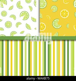 Set of vector seamless patterns with lime and lemon slices. Endless texture. Wrapping paper, packaging, fabric print. Cover for planner, notebook. Str Stock Vector