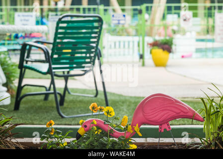 USA, New Jersey, Wildwoods. 1950's Doo-Wop architecture, plastic pink flamingo Stock Photo