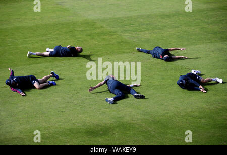 A general view of England players warming up on the pitch during the nets session at Headingley, Leeds. Stock Photo