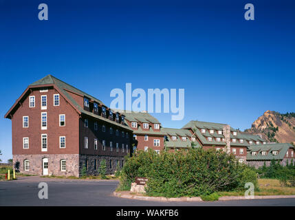 USA, Oregon. Crater Lake National Park, Historic Crater Lake Lodge, which originally opened in 1915, is located on the south rim overlooking Crater Lake. Stock Photo