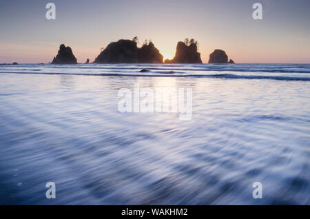 Sunset on Shi Shi Beach, sea stacks of Point of the Arches are in the distance. Olympic National Park, Washington State. Stock Photo