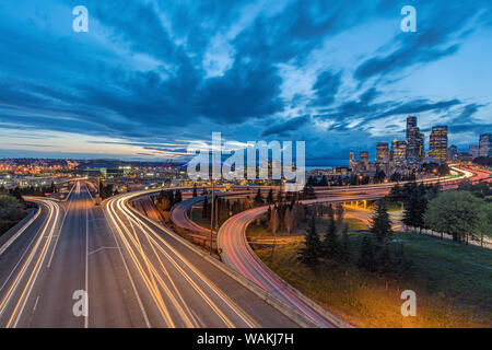 City skyline and Interstate 90 and 5 from Rizal Bridge in downtown Seattle, Washington State, USA Stock Photo