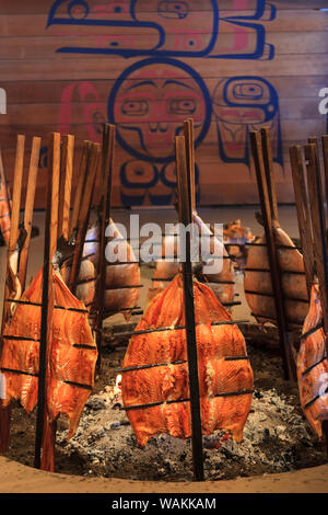 Salmon cooked traditional Indian Style, Tillicum Village on Blake Island (birthplace of Chief Seattle), Seattle, Washington State, USA Stock Photo