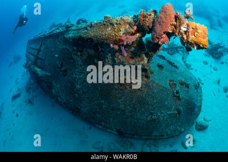 Diver explores small wreck on the Front Porch dive site, Bonaire, Netherlands Antilles Stock Photo