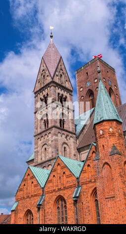 Close up on towers of Ribe Cathedral or Our Lady Maria Cathedral, Denmark Stock Photo