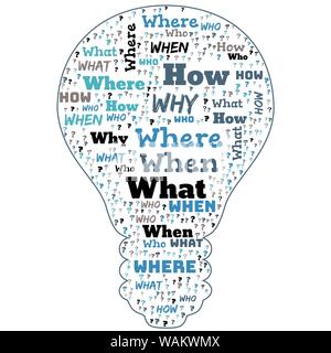 Word Cloud - Who, What, Where, When, Why and How on white background. Questions concept. Stock Photo