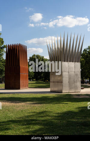 The view on the Jan Palach memorial, Statues house of mother and house of her son in Prague. The statues commemorates student Jan Palach, who burned h Stock Photo