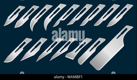 Set of removable blades for scalpel handle No. 3. Steel surgical blades of different shapes. Vector Stock Vector