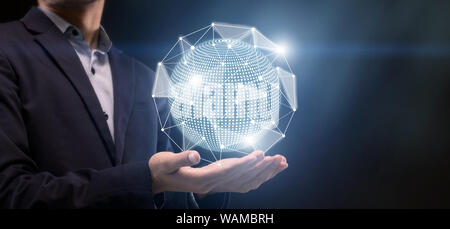 3D World with dots connections on man palm for searching Stock Photo