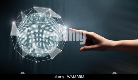 Woman touching global network on black background Stock Photo
