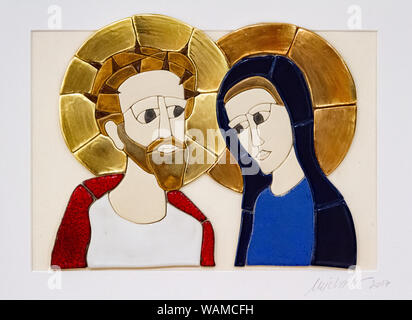 A glazed-tile mosaic of Jesus Christ and the Virgin Mary by Lubo Michalko. Displayed in the Quo Vadis Catholic House. Stock Photo