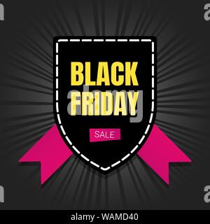 Black friday sale inspiration poster, banner or flyer vector illustration isolated on dark background. Big holiday mega sale with ribbon, label tag an Stock Vector