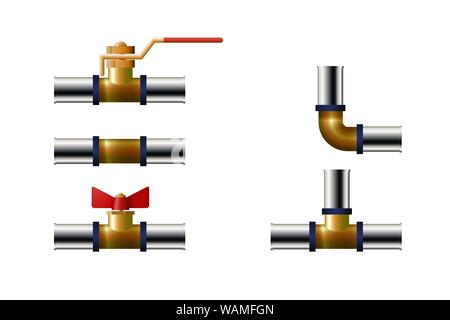 Tee, angle and faucet. Plastic tube fitting. Vector illustration. Stock Vector