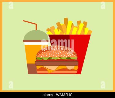 Fast food. Set of burger, french fries and a drink. Vector illustration in vintage style Stock Vector