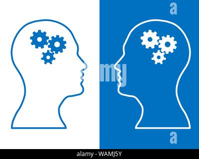 Heads of two people with set of gears as a symbol work of brain, process human thinking Stock Photo