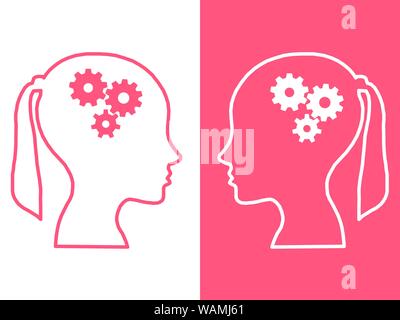 Heads of two people with set of gears as a symbol work of brain, process human thinking Stock Photo