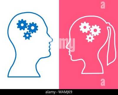 Heads of two people with set of gears as a symbol work of brain, process human thinking Stock Photo