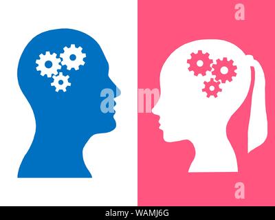 Heads of two people with set of gears as a symbol work of brain, process human thinking Stock Photo