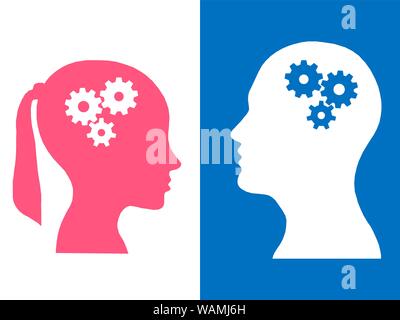 Heads of two people with set of gears as a symbol work of brain, process human thinking Stock Photo