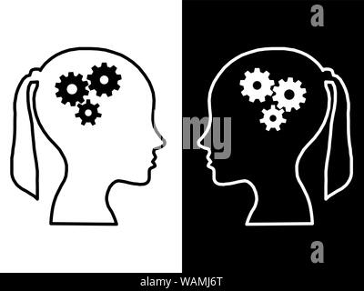 Heads of two people with set of gears as a symbol work of brain, process human thinking Stock Photo