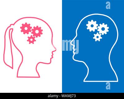 Heads of two people with set of gears as a symbol work of brain, process human thinking Stock Photo