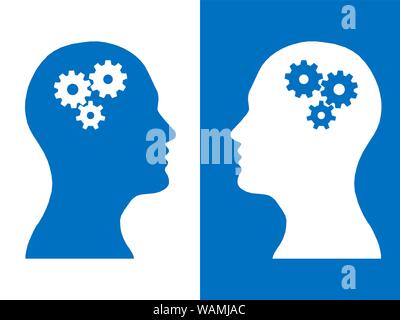 Heads of two people with set of gears as a symbol work of brain, process human thinking Stock Photo