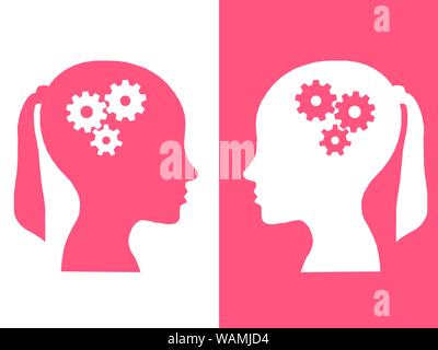 Heads of two people with set of gears as a symbol work of brain, process human thinking Stock Photo