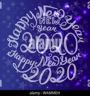 2020 New Year. Handwritten phrase. Vector illustration. Blue background with stars Stock Vector