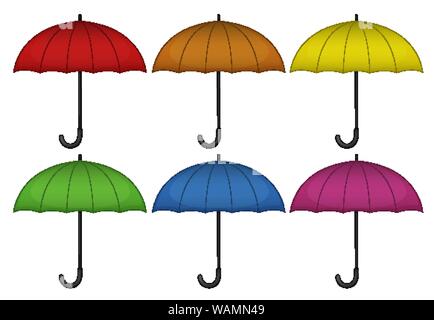 Umbrellas in six different colors on white background illustration Stock Vector