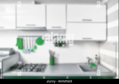 kitchen interior in neo mint trendy colours. Neo mint - color of the 2020 year. blurred Modern home interior Stock Photo