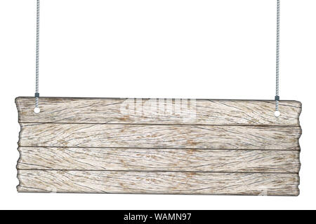 Wooden sign board hanging with ropes on white background Stock Photo