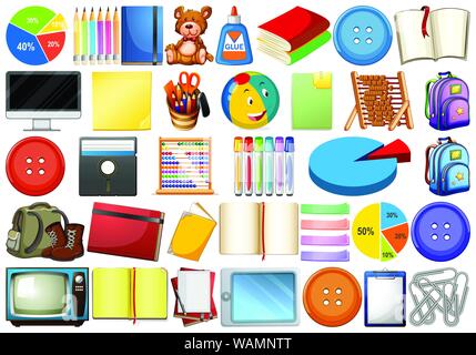 Assorted office, home and school related objects and toys isolated illustration Stock Vector