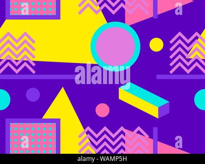 Memphis seamless pattern, geometric shapes in the style of 80s. Points and dotted lines. Vector illustration Stock Vector