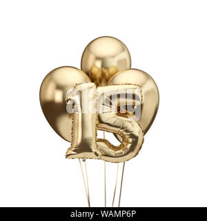15th birthday gold foil bunch of balloons. Happy birthday. 3D Rendering Stock Photo