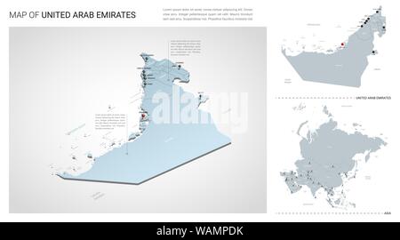 Vector set of United Arab Emirates country.  Isometric 3d map, UAE map, Asia map - with region, state names and city names. Stock Vector